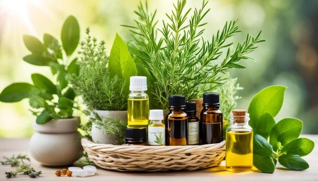  A collection of essential oil bottles arranged on a woven tray, surrounded by fresh green leaves and herbs, set against a bright, natural background.