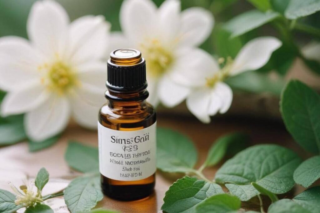 A shadowy vial of essential oil surrounded by leaves and blossoms.